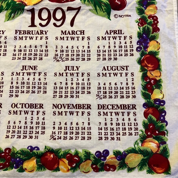 1997 Linen Hanging Calendar Kitchen Tea Towel Vintage, Flowers & Fruit - NOTRA - Picture 3 of 8